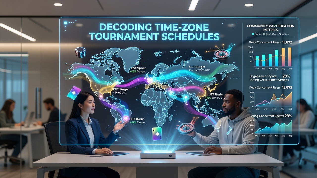 Screenshot of a virtual table game lobby displaying synchronized tournament start times across different global regions