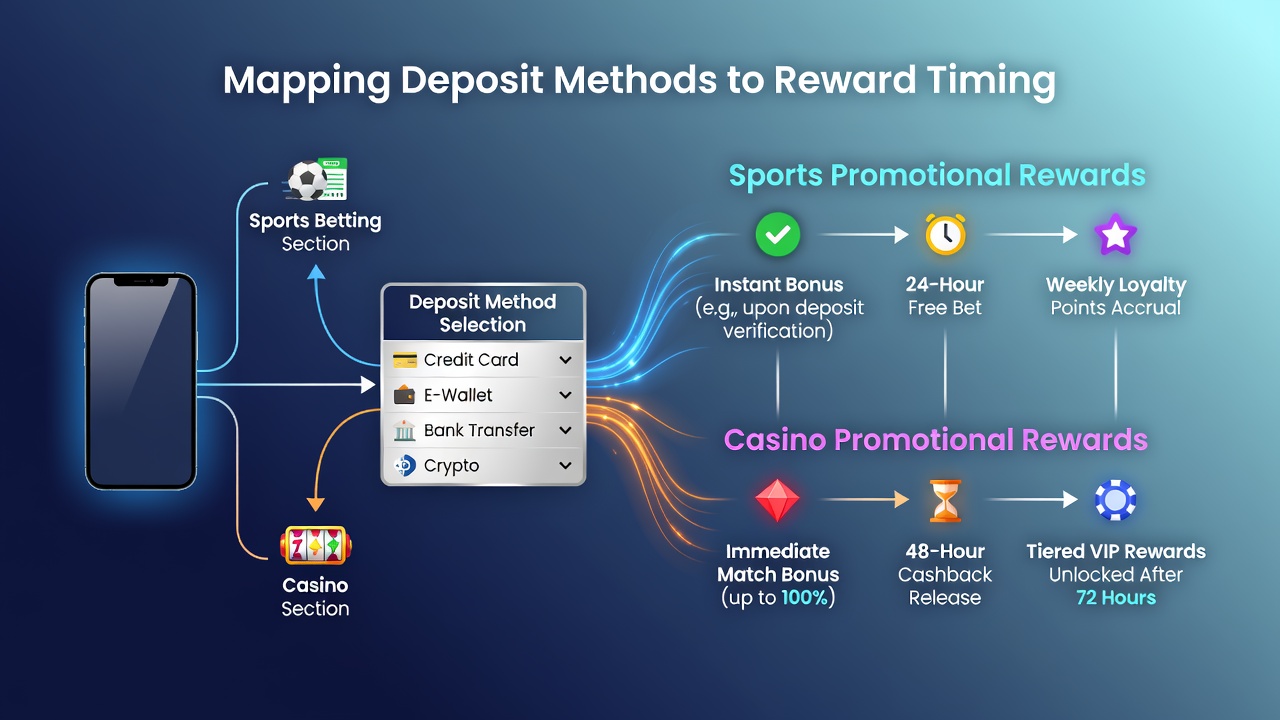 Comparison chart of deposit methods including credit cards, e-wallets, crypto, and bank transfers with reward unlock timelines